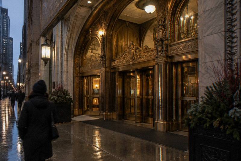 Gilded arched entrance of the Palmer House Hilton on a wet November night
