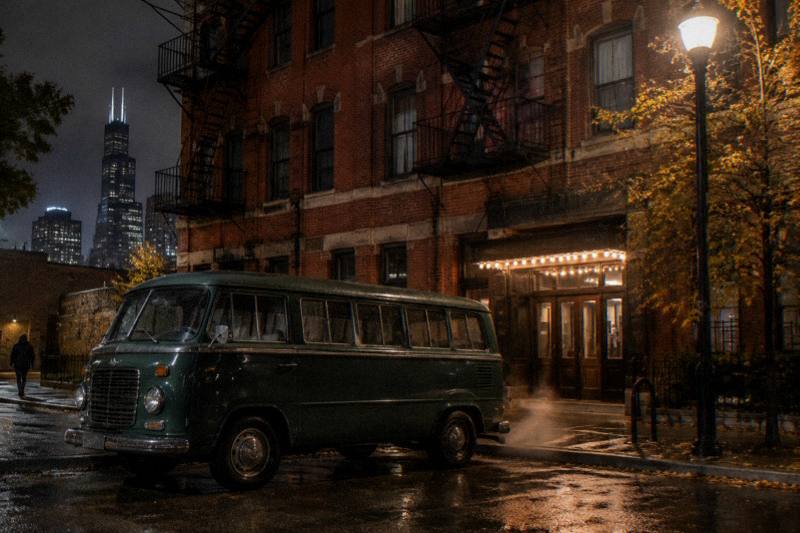 Vintage dark-green minibus idling outside the brick Biograph Theater on a drizzly night