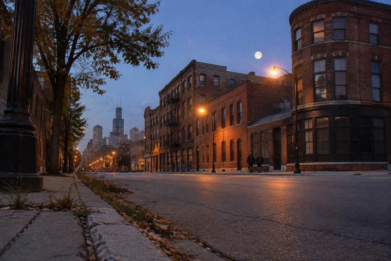 Evening view of a historic Chicago streetscape with brick buildings and a lit vintage sign