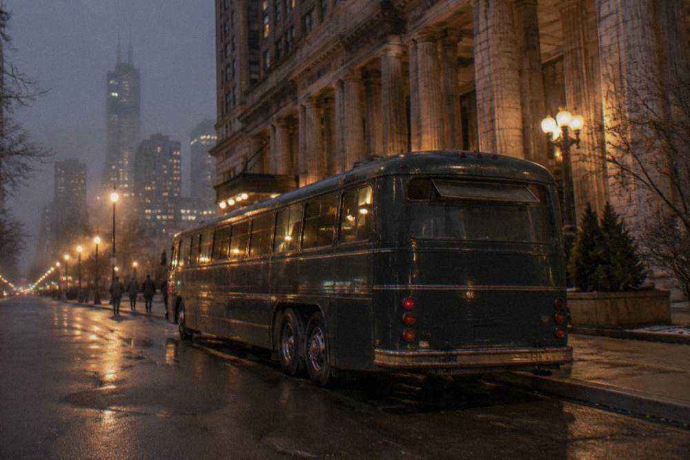 A vintage-style tour bus parked on a Chicago street at night under streetlights