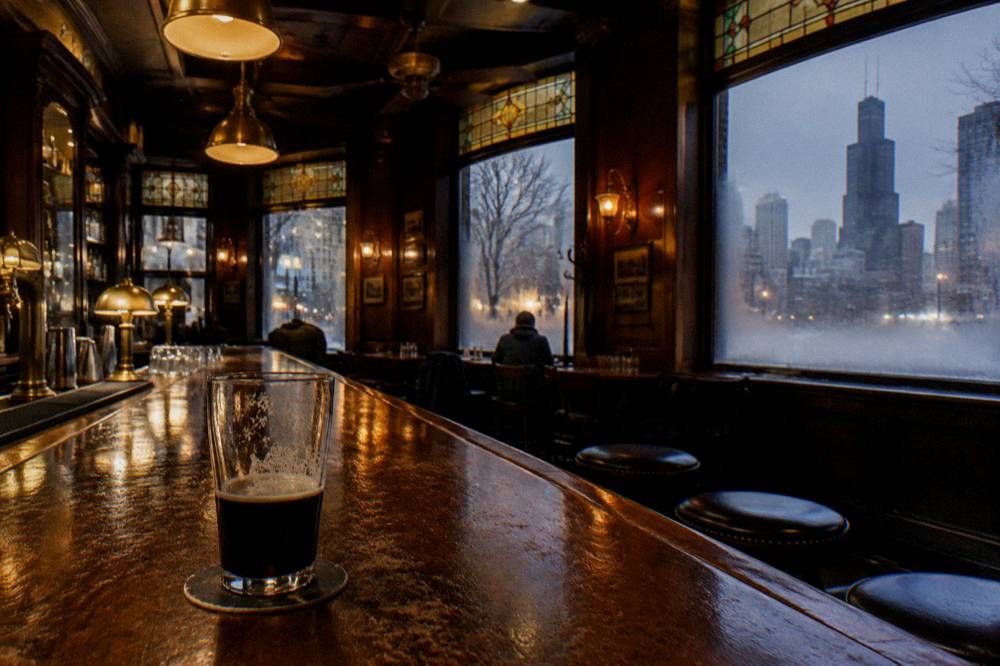 A warmly lit vintage Chicago saloon interior with a long wooden bar