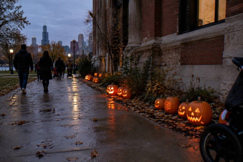 A crowded Chicago sidewalk at night with carved pumpkin decorations outside a brick building