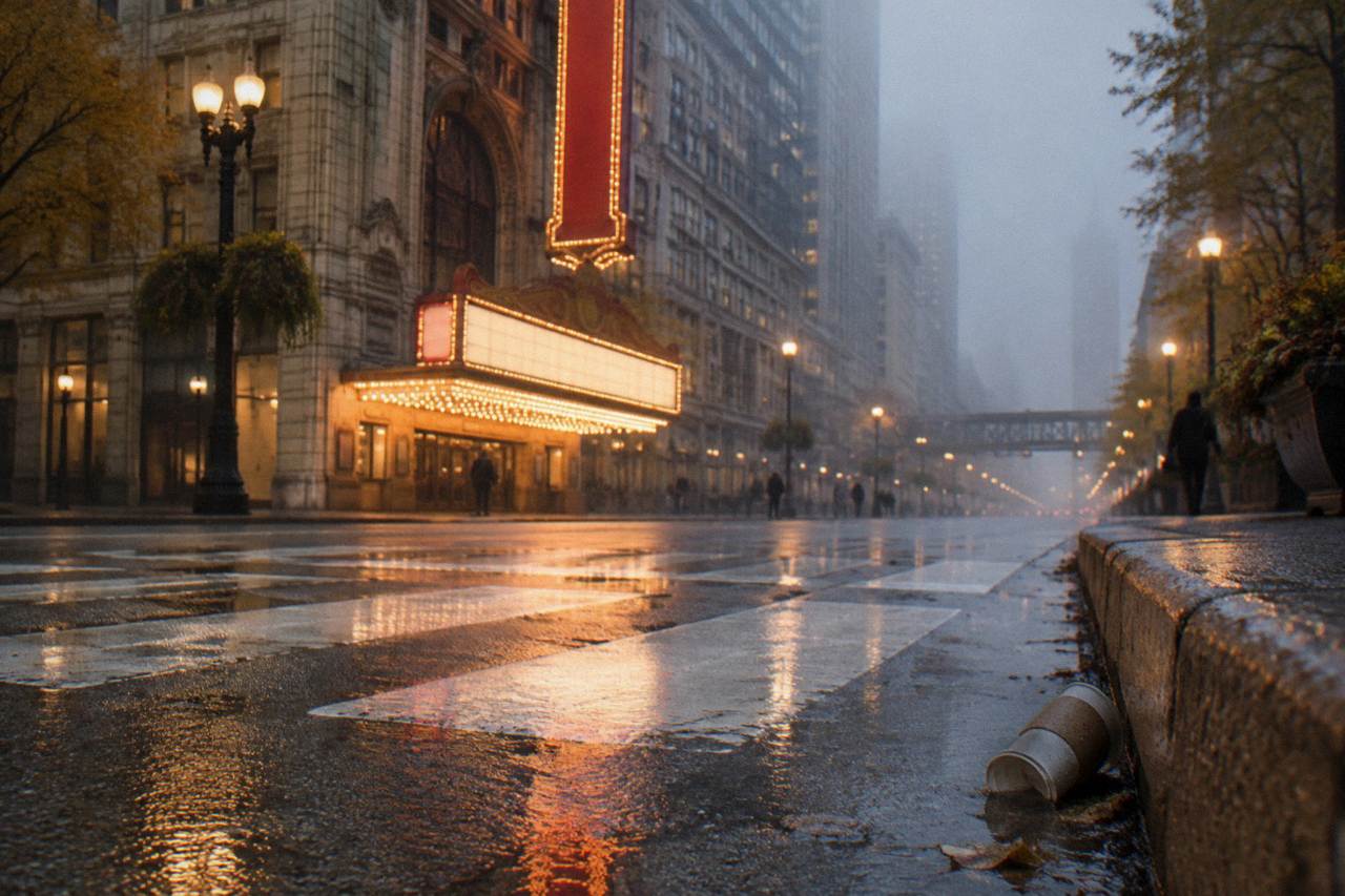 A foggy evening street corner in the Chicago Loop with lit theater marquees in the background
