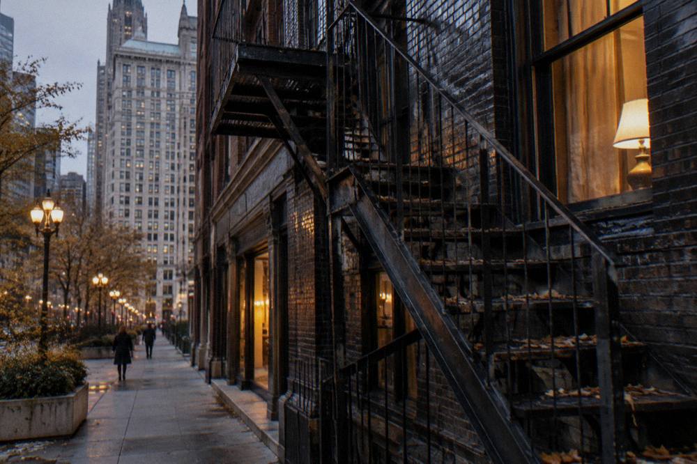 Historic Chicago storefront at dusk with iron fire escape and warm window light