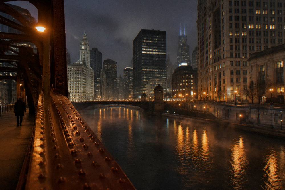 Night view of a Chicago river bridge with city lights reflecting on water