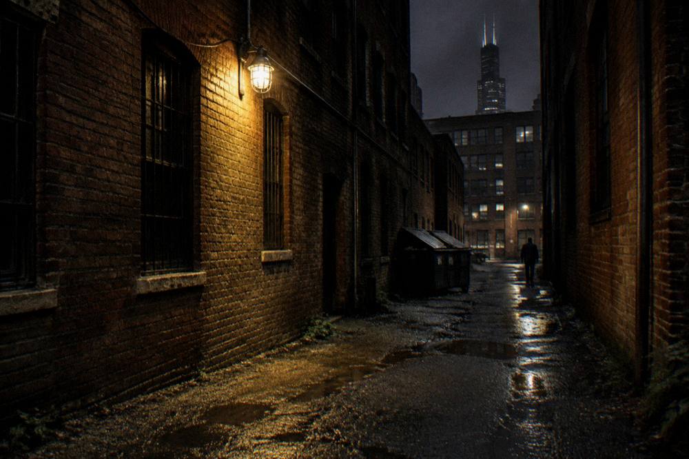 Dark historic alley between tall brick buildings in Chicago at night