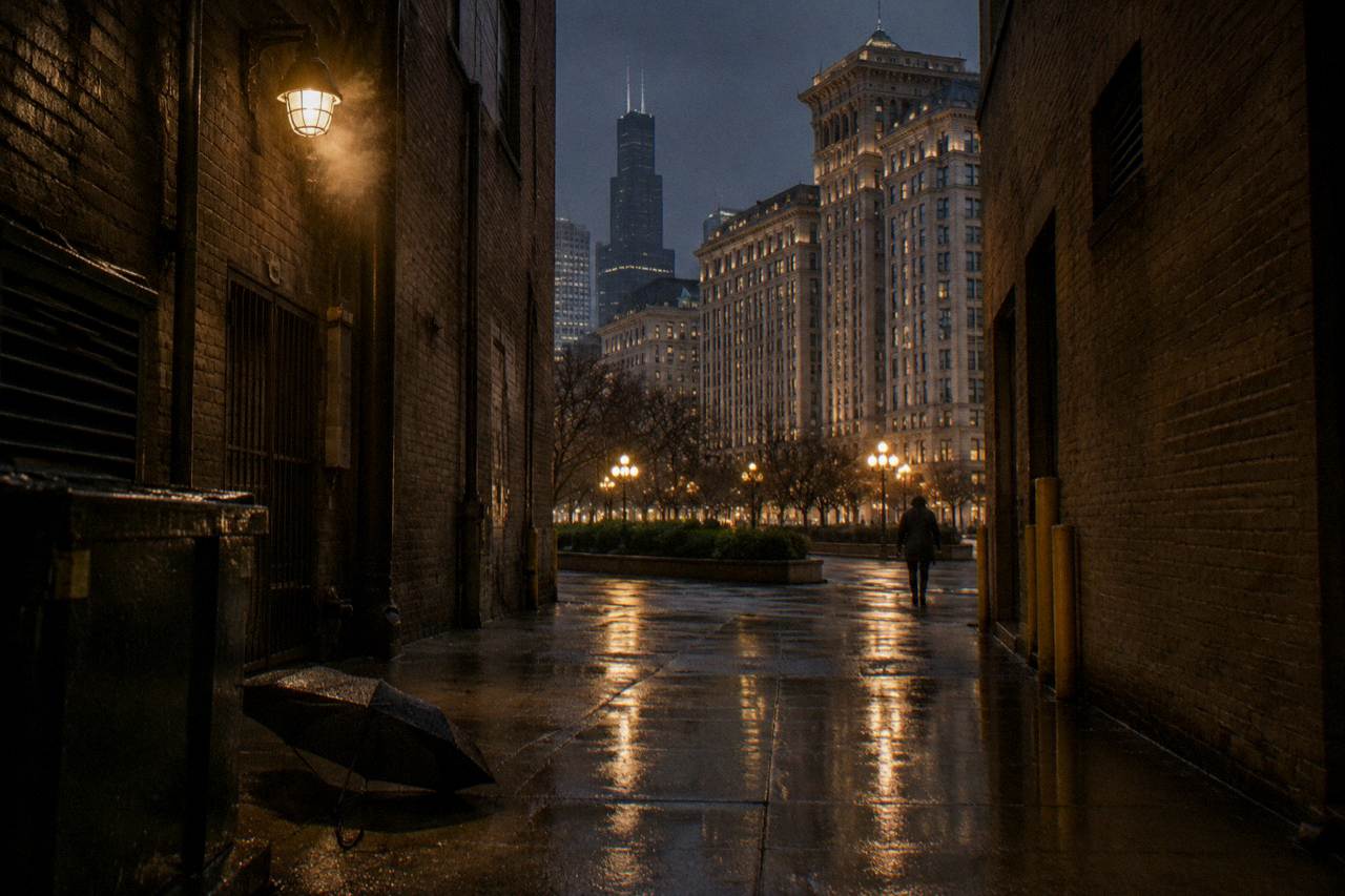 Evening view of a lamplit Chicago alley with vintage brick facades