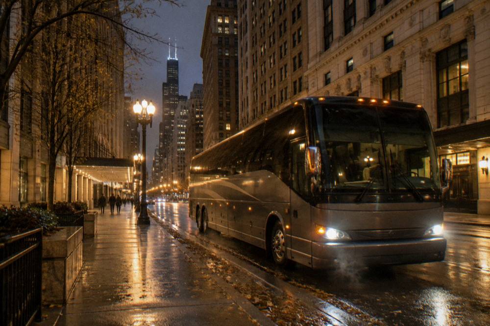 Chicago coach bus parked on a downtown street beside tall stone buildings