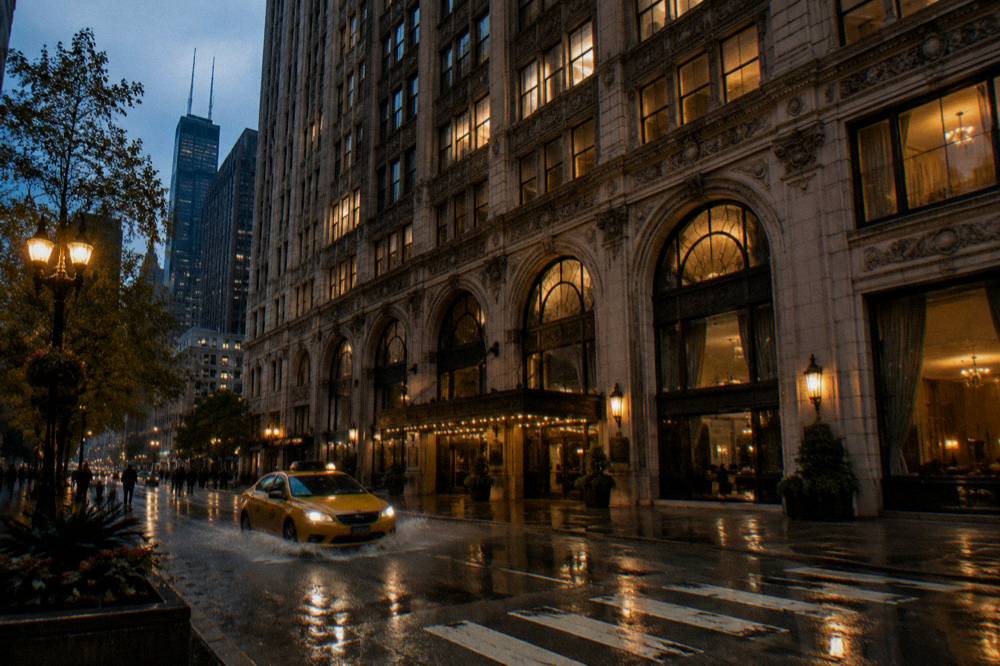 Historic Chicago hotel facade at twilight with ornate stonework and lit windows