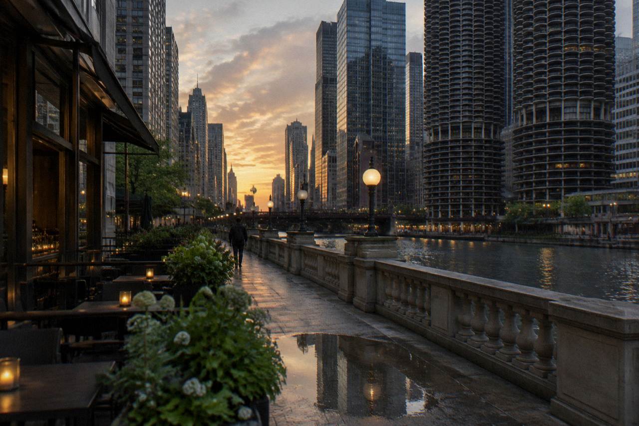Evening view of a Chicago riverfront street with vintage brick buildings and streetlights