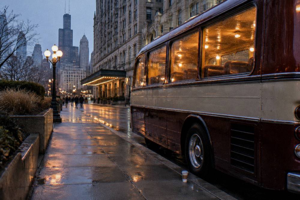 A vintage-style tour bus parked on a Chicago street at dusk with warm interior lights