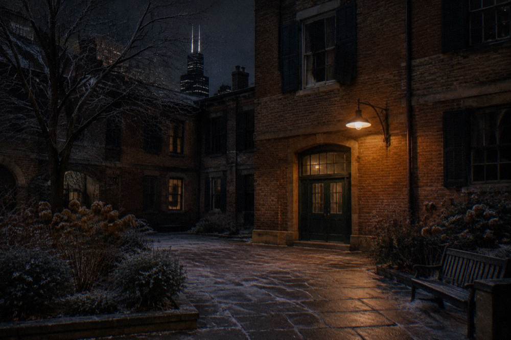 A historic Chicago brick building at night with a single lamp glowing over an empty walk