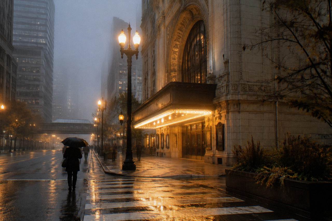 A foggy evening street in downtown Chicago with lit theater marquees glowing through mist