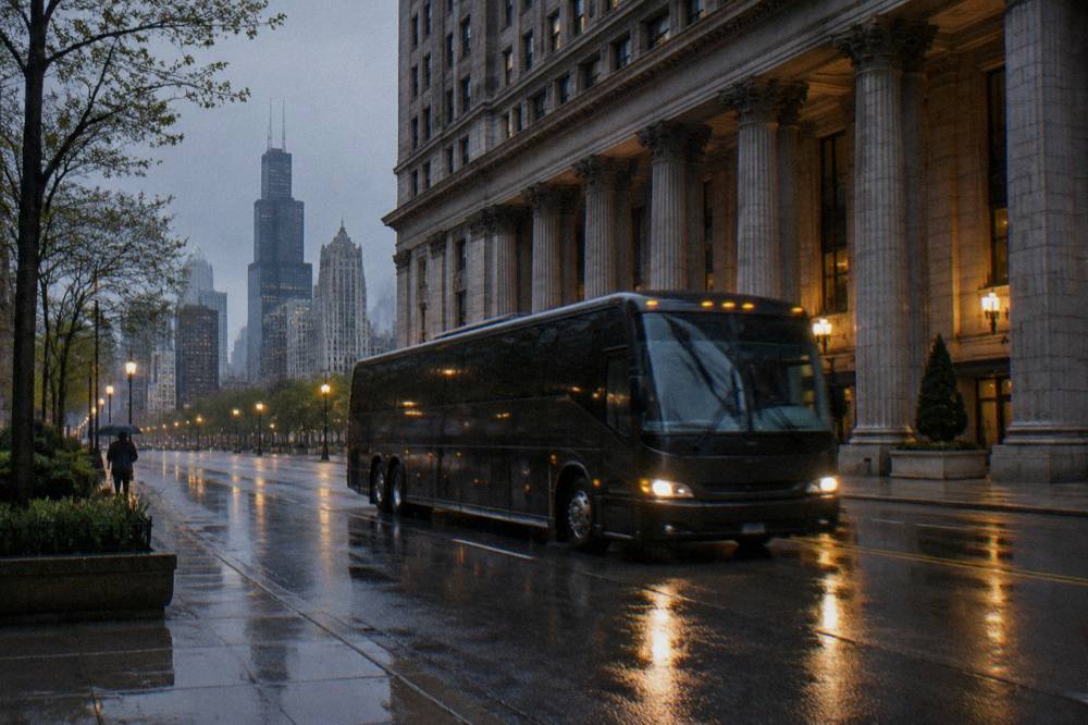 A tour coach traveling past tall downtown Chicago buildings at dusk
