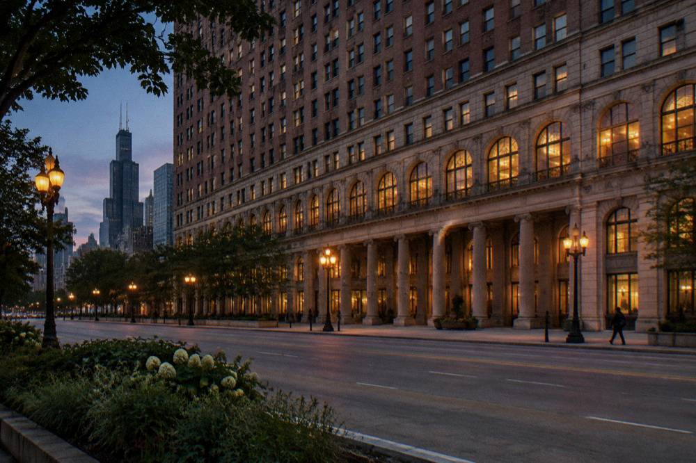 A historic South Loop hotel facade lit against a dark evening sky