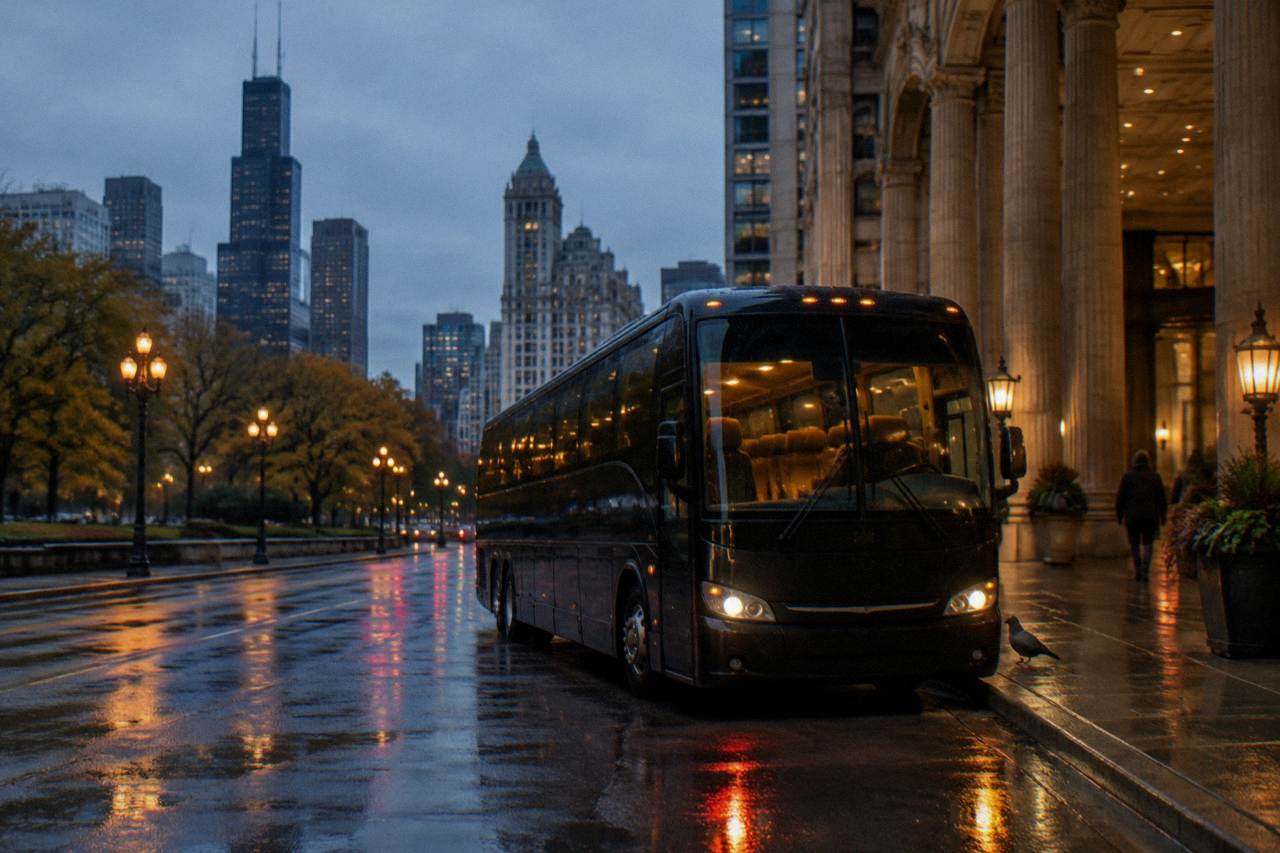 An evening tour coach parked on a downtown Chicago street with lit windows and wet pavement