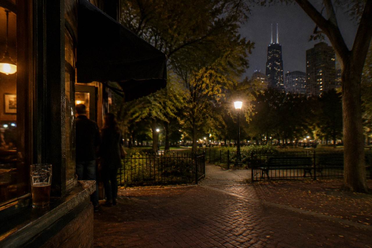 A warm lamplit Lincoln Park tavern entrance on a dark autumn evening