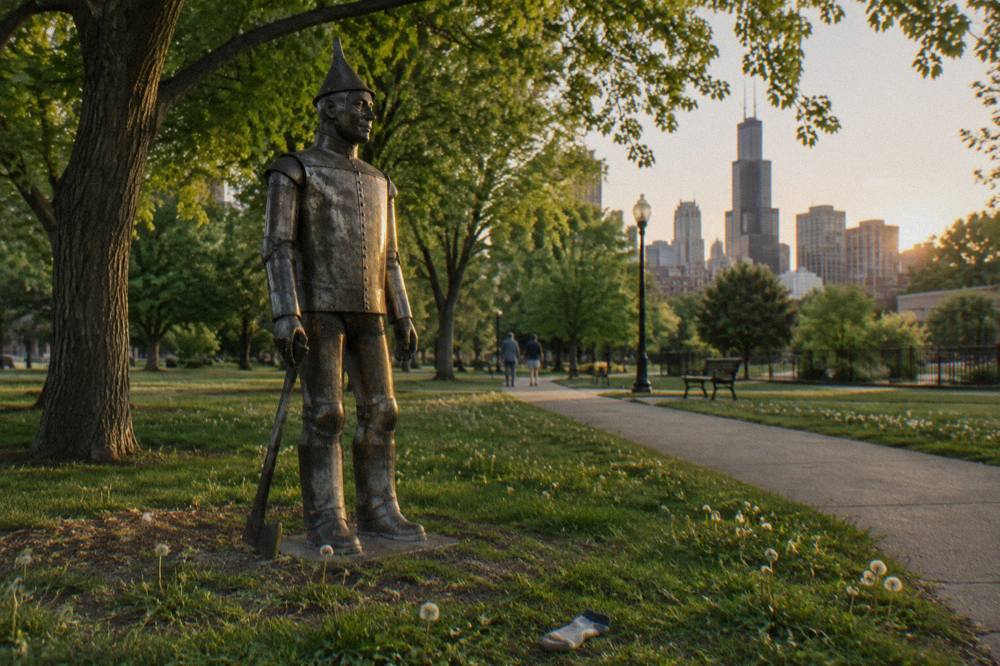 The Tin Man statue standing in Oz Park under trees