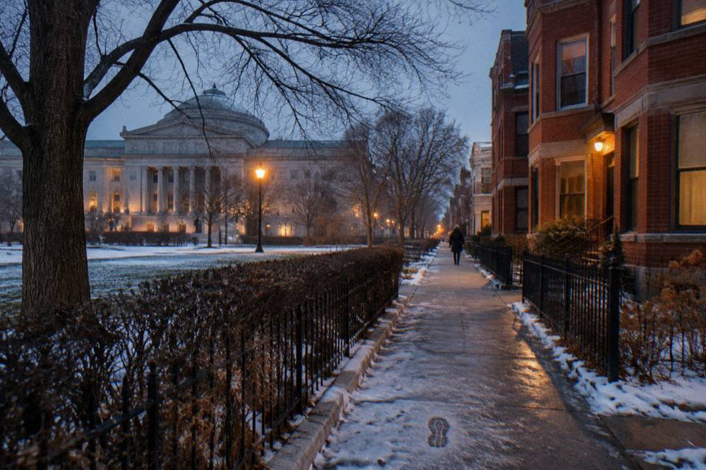 A quiet evening street in Lincoln Park with brick buildings and bare trees