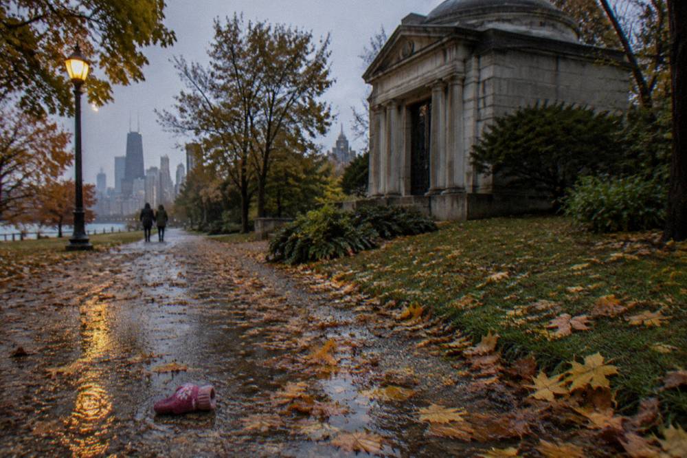 Autumn leaves scattered along a lamplit park path in the evening