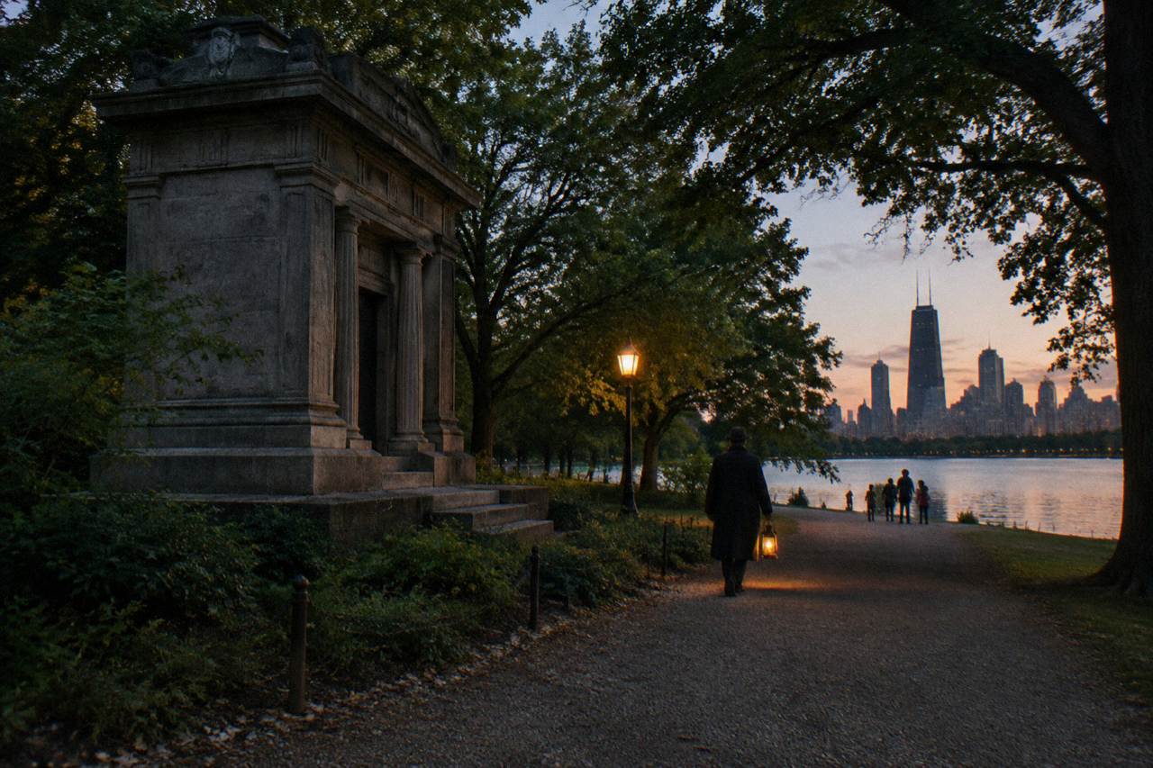 A tree-lined Lincoln Park path at dusk with lamplight along the walkway