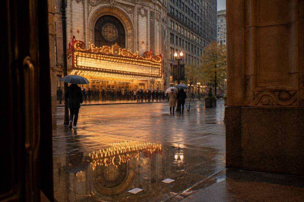Lit marquee and evening crowds outside a historic Loop theater at dusk in October