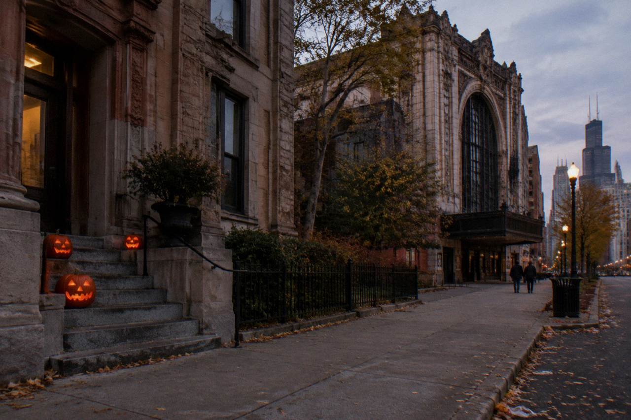 Fall evening street scene in Chicago with jack-o-lanterns lit on a brownstone stoop