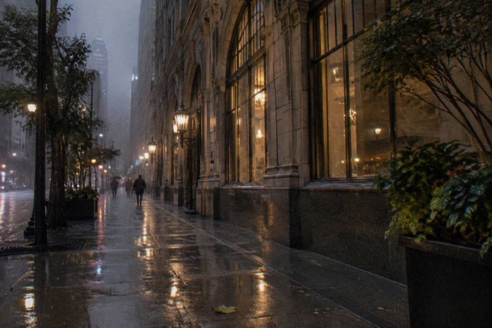 Evening view of a tree-lined street with vintage lampposts in a Chicago neighborhood