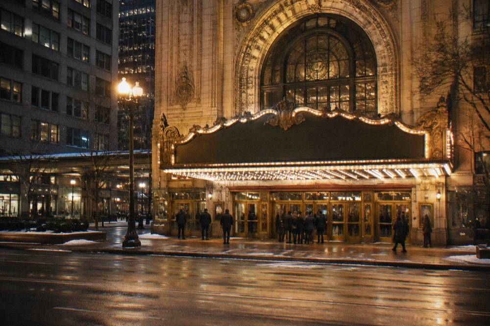 Historic hotel facade and glowing marquee on a downtown Chicago street at night