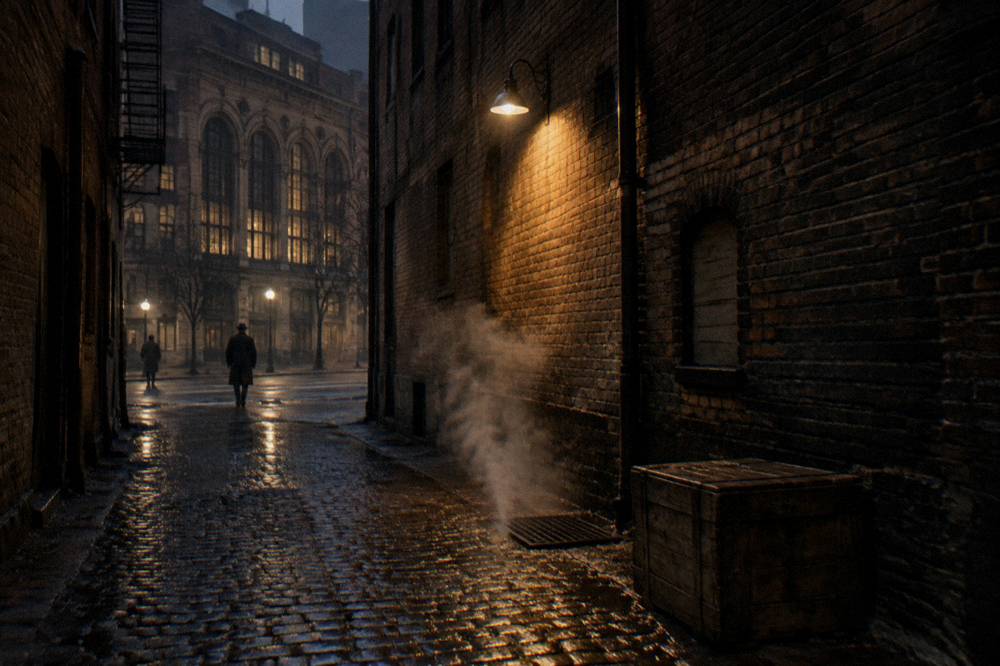 Wet cobblestone alley lit by a single street lamp between brick buildings