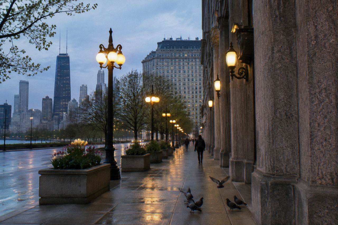 Lampposts and historic brick buildings along an evening street in Chicago