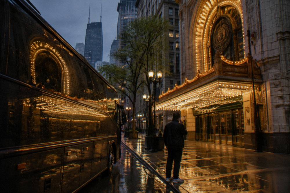 Evening view of a Chicago bus parked on a downtown street with lit marquees reflected in its windows