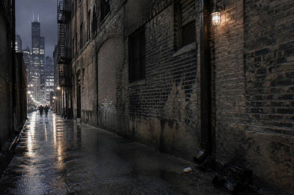 Narrow Chicago alley at night with brick walls lit by a single wall lamp above wet pavement