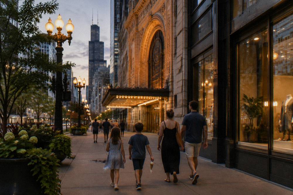 Family of four walking a Chicago sidewalk at dusk past lit storefronts