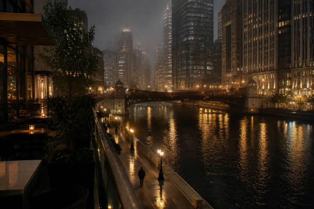 Chicago riverfront at night with bridge lights reflecting on dark water between office towers