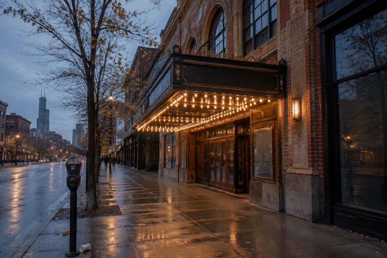Dark Chicago street at dusk with vintage theater marquee lights glowing across empty sidewalks