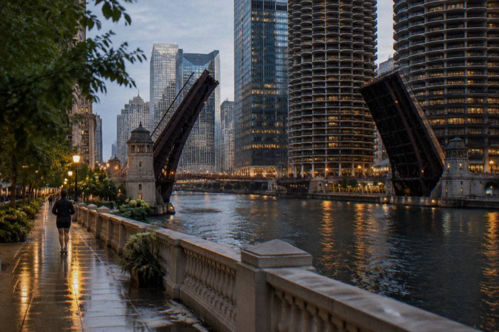 The Chicago Riverwalk between Clark and LaSalle streets in early evening with bridges and office towers