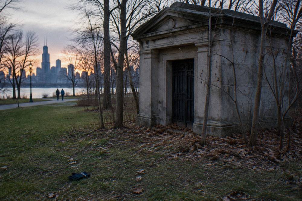 A stone mausoleum standing among trees at the edge of a city park in late afternoon light
