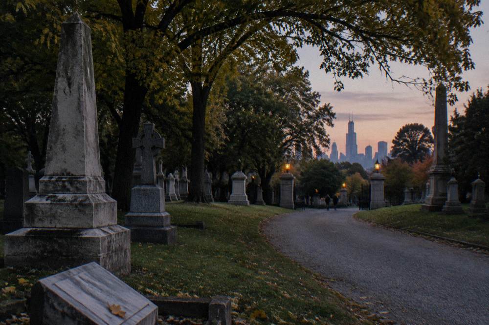 A tree-lined cemetery lane with old stone monuments in autumn morning light