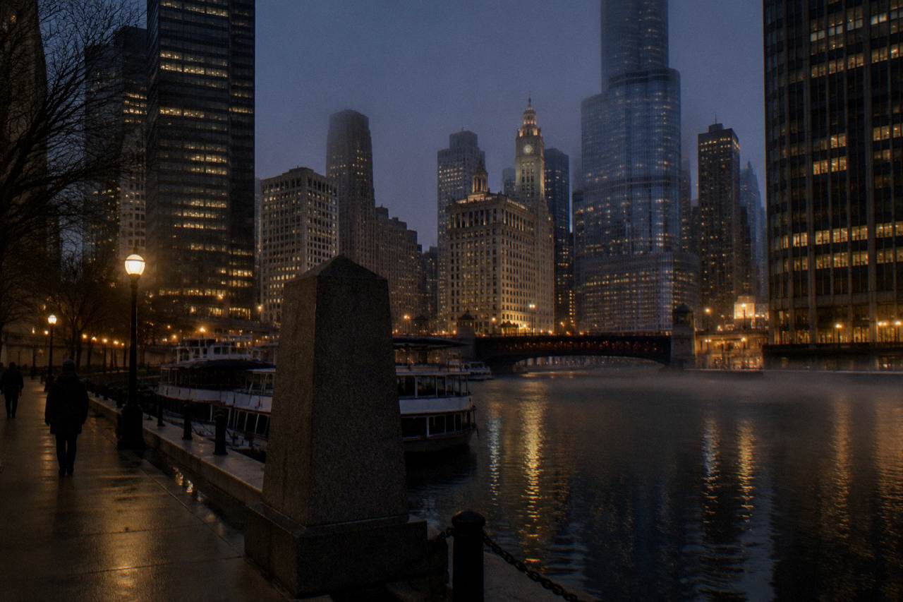 A granite historical plaque on the south bank of the Chicago River at dusk with downtown towers behind it