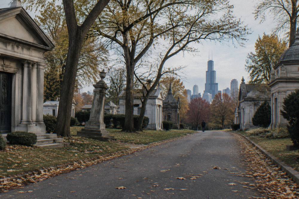 Wide view of mature trees and Victorian monuments along a cemetery lane in autumn
