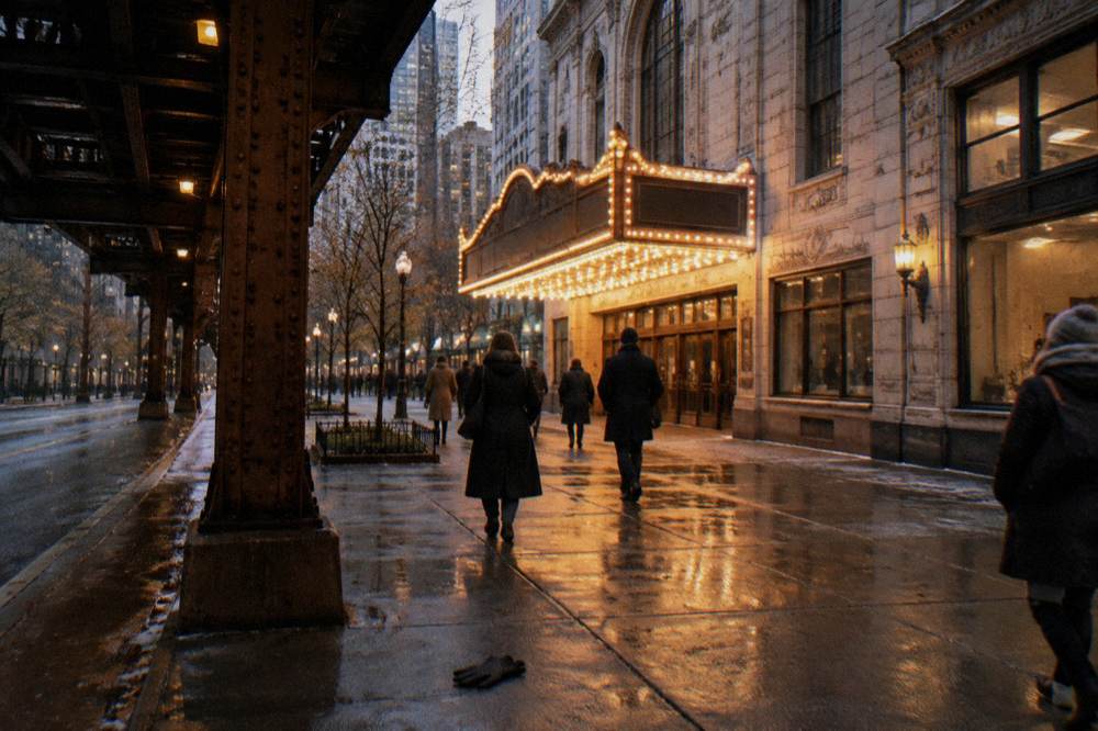 Evening street scene in downtown Chicago with lit theater marquee and sidewalk crowd in fall coats