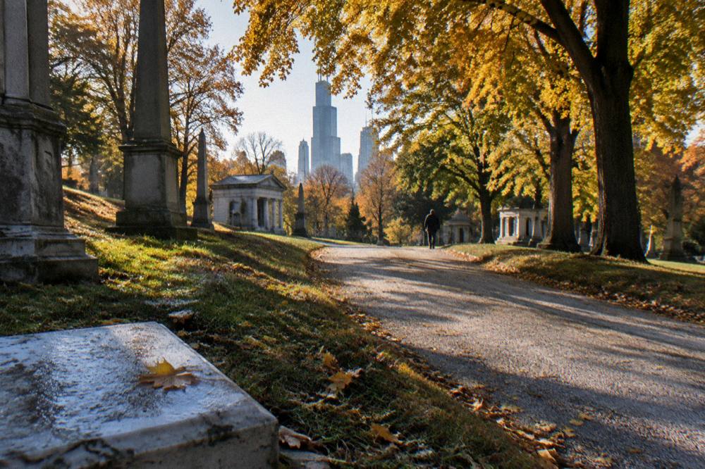 Autumn cemetery landscape with golden trees and long shadows across a gravel path