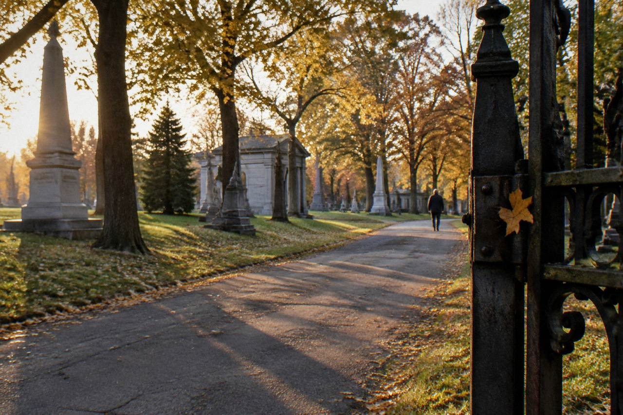 Tree-lined path through a historic Chicago cemetery with old stone monuments in autumn light