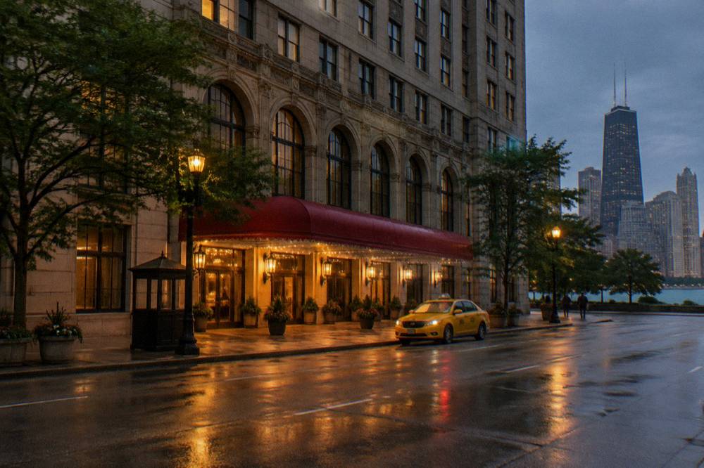 Evening exterior of a grand Chicago hotel entrance with awning, doorman stand and taxi waiting at the curb