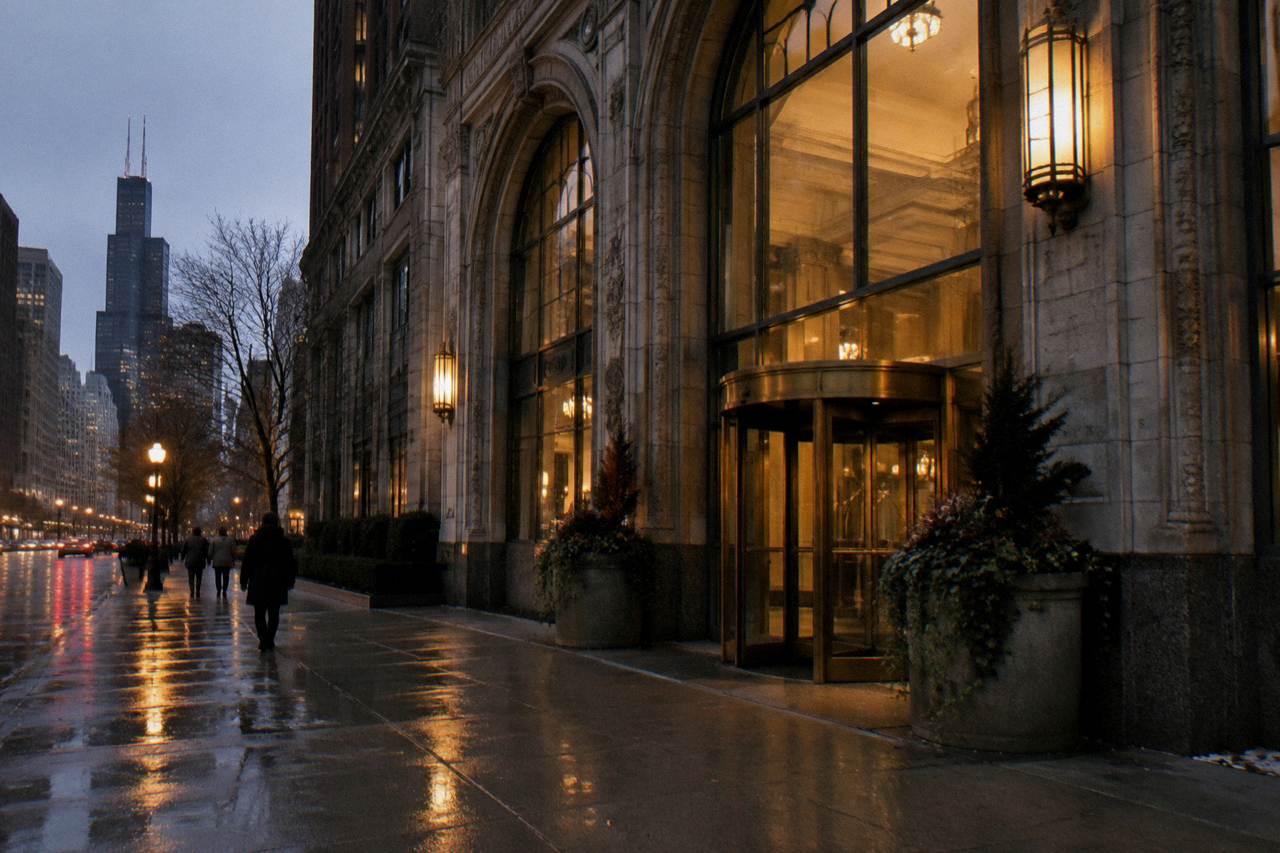 Historic hotel facade on South Michigan Avenue at dusk with warm lobby light through tall windows