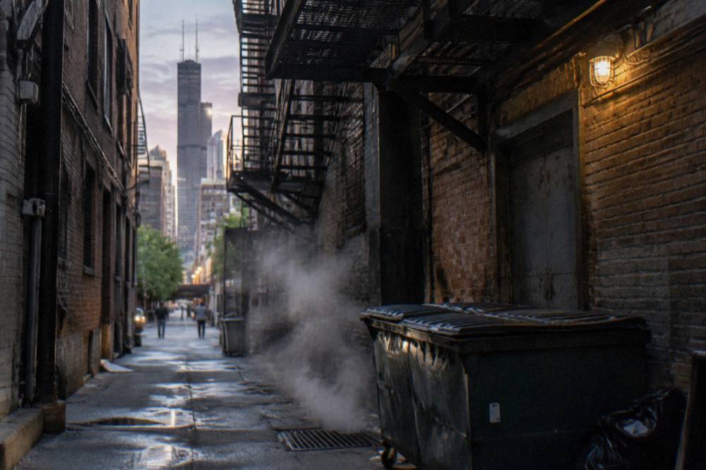 An old Chicago alley behind Loop office buildings at twilight