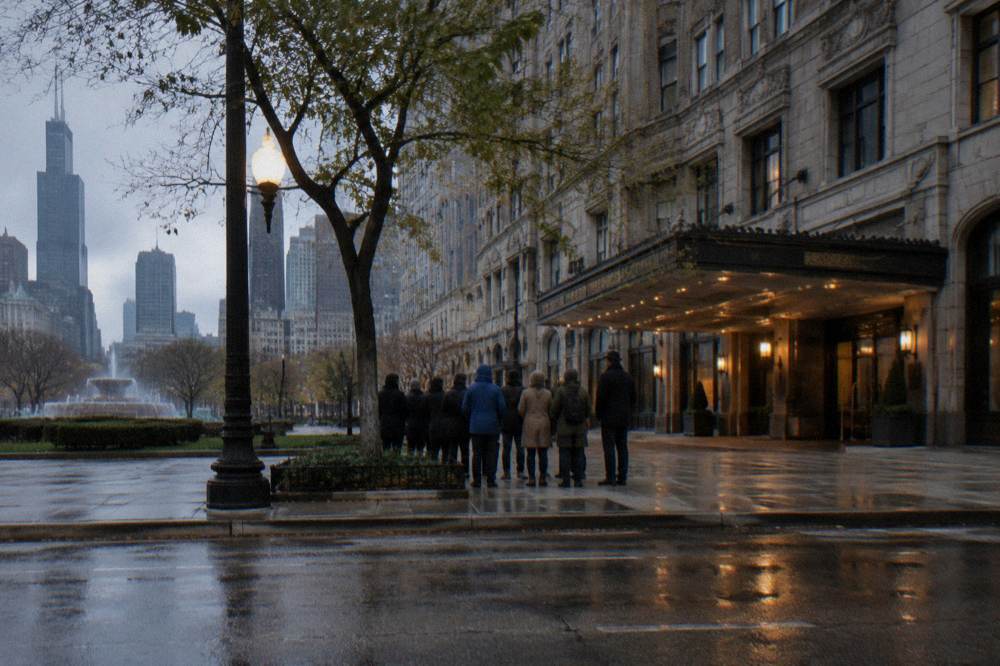 A guided walking group paused on a downtown Chicago sidewalk in the evening