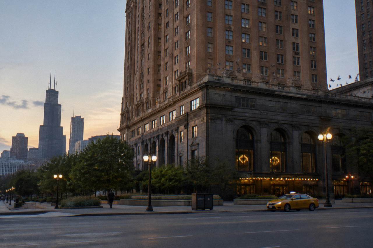 The Congress Plaza Hotel tower rising above South Michigan Avenue at dusk