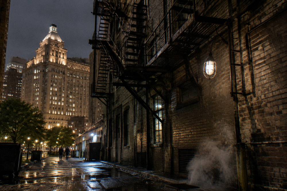 A gaslit style alley behind Chicago brick buildings with fire escapes and dim lamps